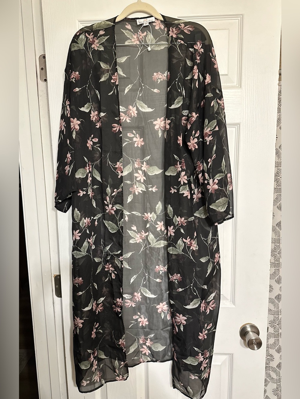 Bailey's Blossoms Black Sheer Floral Kimono Duster 3/4 Sleeve M/L Resort Beach